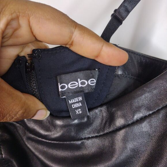 Bebe Genuine Leather Peplum Spaghetti Strap Biker Top Womens XS Black Soft - Picture 9 of 10